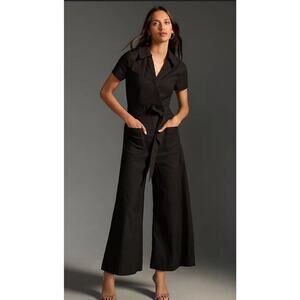 Maeve by Anthropologie Faux Wrap Culotte Jumpsuit Womens 12Black Wide Leg Casual